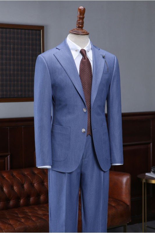 Blue Two Pieces Notched Lapel Best Fitted Tailored Business Suit