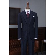 Formal Navy Blue Striped Three Pieces Best Fitted Bespoke Business Suit Formal Navy Blue Striped Three Pieces Best Fitted Bespoke Business Suit