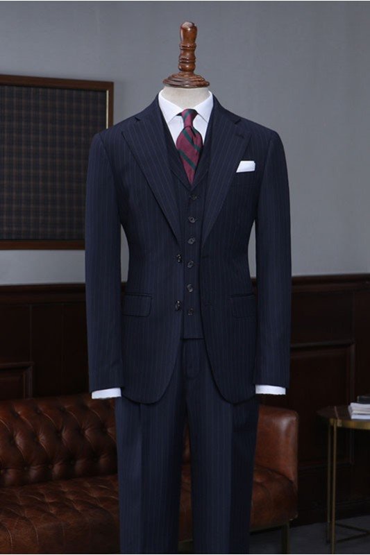 Formal Navy Blue Striped Three Pieces Best Fitted Bespoke Business Suit