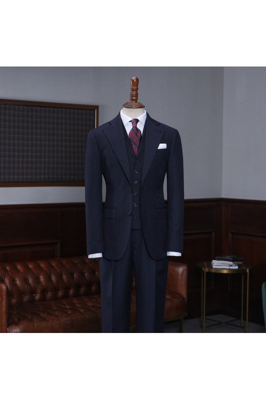 Formal Navy Blue Striped Three Pieces Best Fitted Bespoke Business Suit