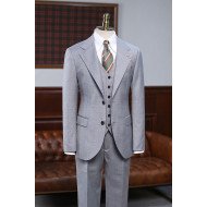 Gray Small Plaid Three Pieces Notched Lapel Best Fitted Business Suit