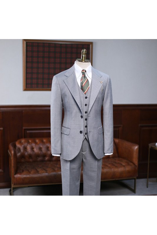 Gray Small Plaid Three Pieces Notched Lapel Best Fitted Business Suit