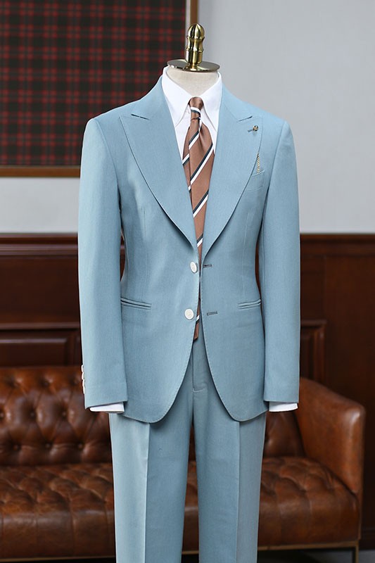 Affordable Blue Two Pieces Peaked Lapel Best Fitted Tailored Suit