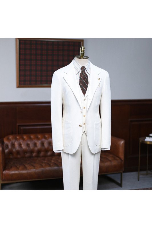 Simple White Three Pieces Notched Lapel Best Fitted Business Suit