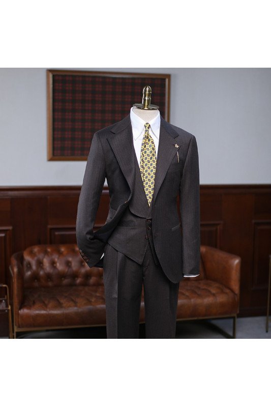 New Arrival Coffee Striped Three Pieces Bespoke Formal Menswear