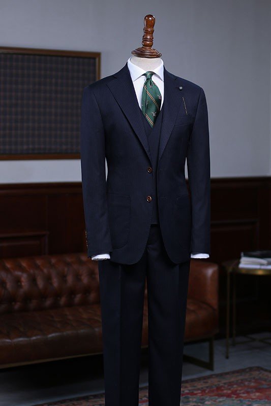 Elegant Navy Blue Striped Best Fitted Bespoke Business Suit For Men
