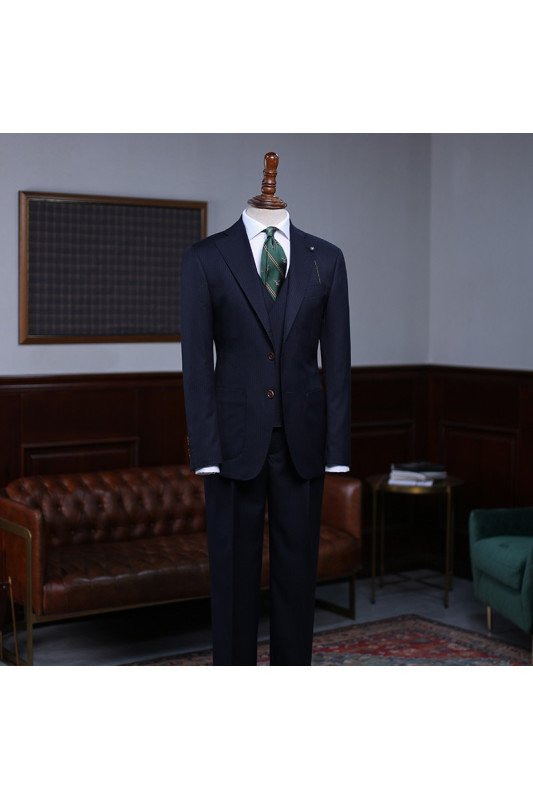 Elegant Navy Blue Striped Best Fitted Bespoke Business Suit For Men