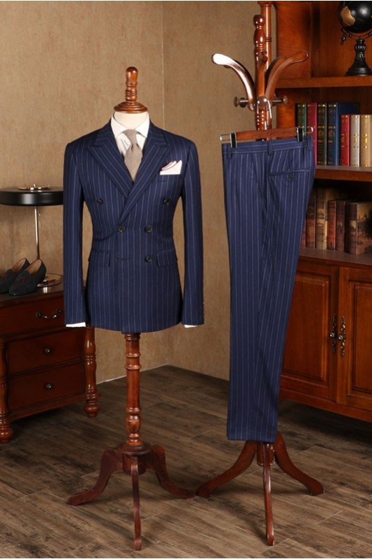 Modern Blue Striped Double Breasted Business Suit For Men