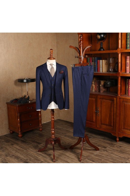 Gorgeous Blue Striped Three Pieces Best Fitted Formal Menswear