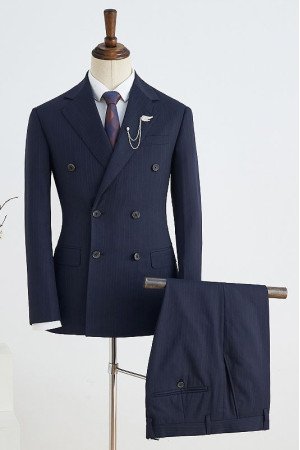 Fashion Navy Blue Striped Notched Lapel Double Breasted Tailored Business Suit
