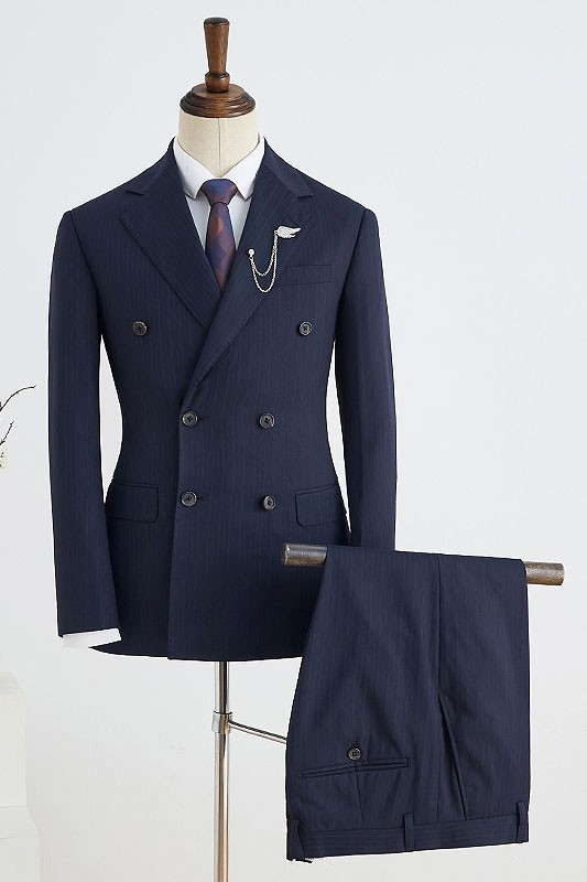 Fashion Navy Blue Striped Notched Lapel Double Breasted Tailored Business Suit