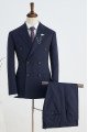 Fashion Navy Blue Striped Notched Lapel Double Breasted Tailored Business Suit