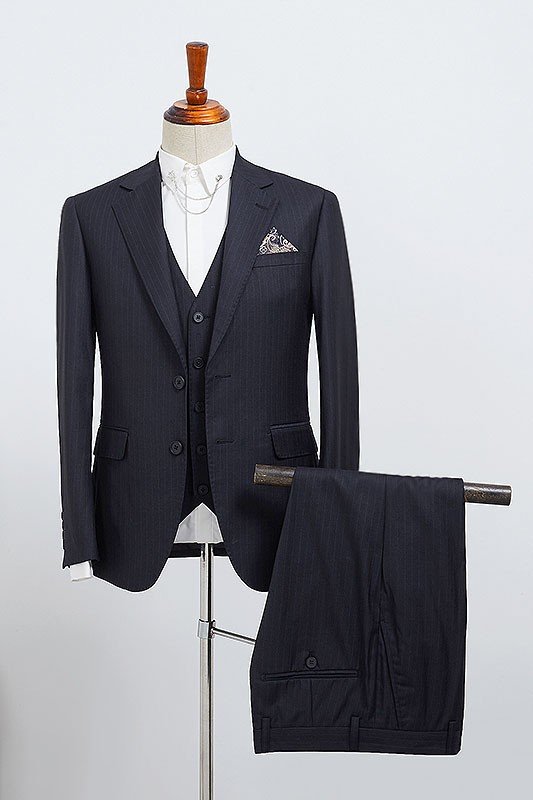 Modern Navy Blue Striped Three Pieces Best Fitted Bespoke Business Suit