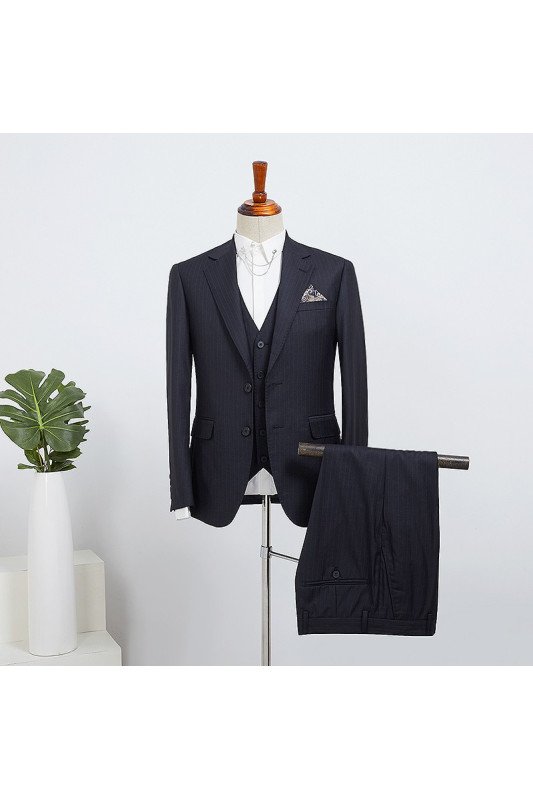 Modern Navy Blue Striped Three Pieces Best Fitted Bespoke Business Suit