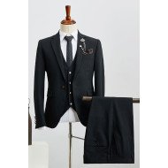 Classic All Black Three Pieces Notched Lapel Business Suit For Men