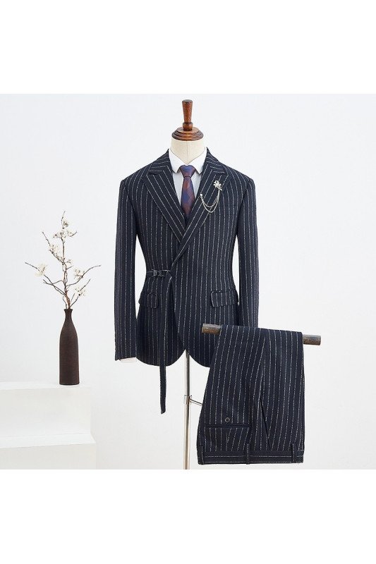 Fashion Black Striped With Adjustable Belt Best Fitted Business Suit