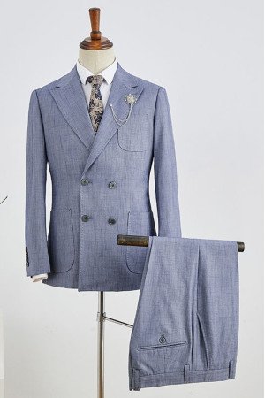 Chic Blue Plaid Peaked Lapel Double Breasted Business Suits Chic Blue Plaid Peaked Lapel Double Breasted Business Suits