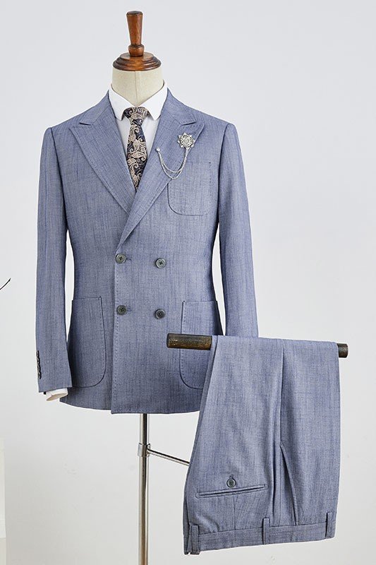 Chic Blue Plaid Peaked Lapel Double Breasted Business Suits