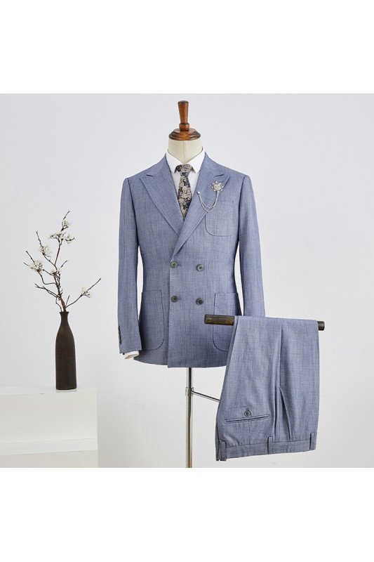 Chic Blue Plaid Peaked Lapel Double Breasted Business Suits
