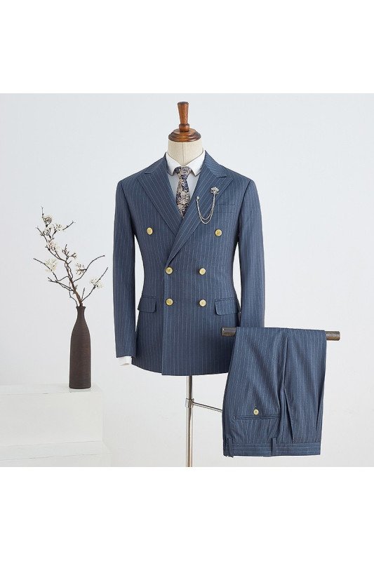 Trendy Navy Blue Striped Double Breasted Best Fitted Tailored Business Suit