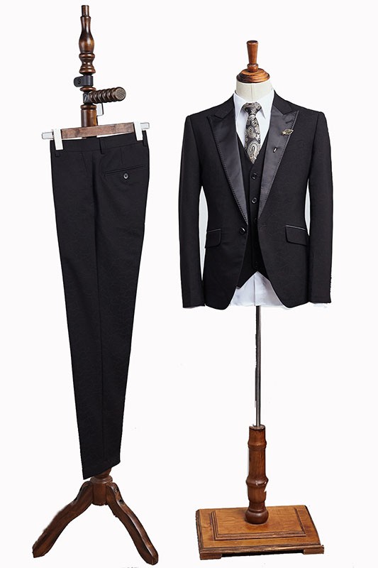 Classic Black Three Pieces Peaked Lapel Business Suit For Men