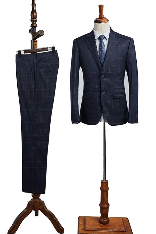 Modern Navy Blue Plaid Notched Lapel Two Button Best Fitted Business Suit