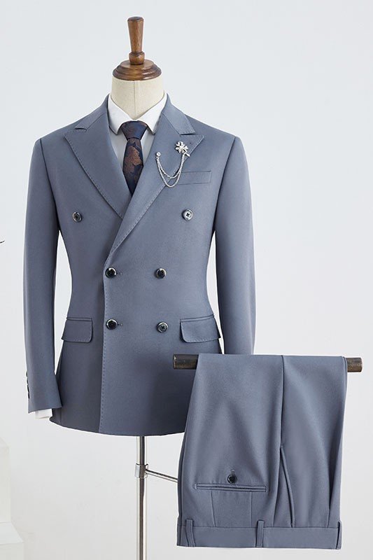 Stylish Blue Peaked Lapel Double Breasted Tailored Business Suit