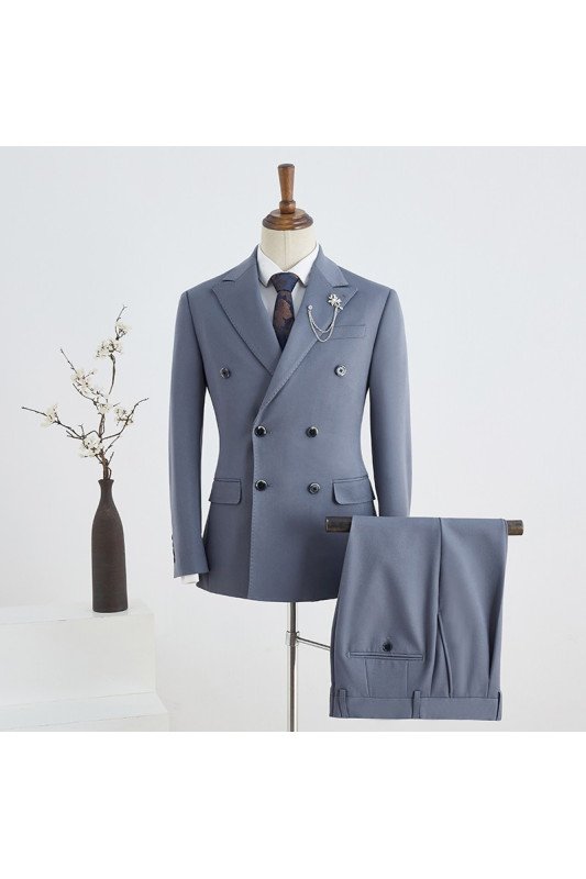 Stylish Blue Peaked Lapel Double Breasted Tailored Business Suit