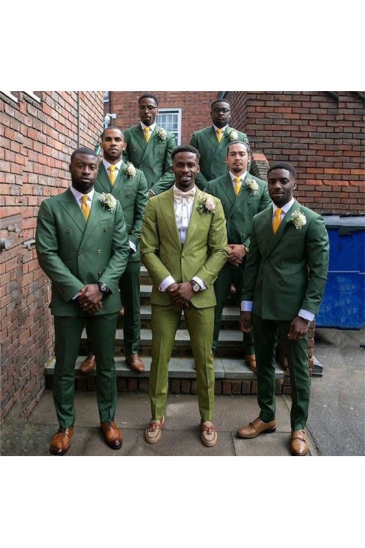 Dark Green Double Breasted Best Fitted Peaked Lapel Wedding Groomsmen Suit 