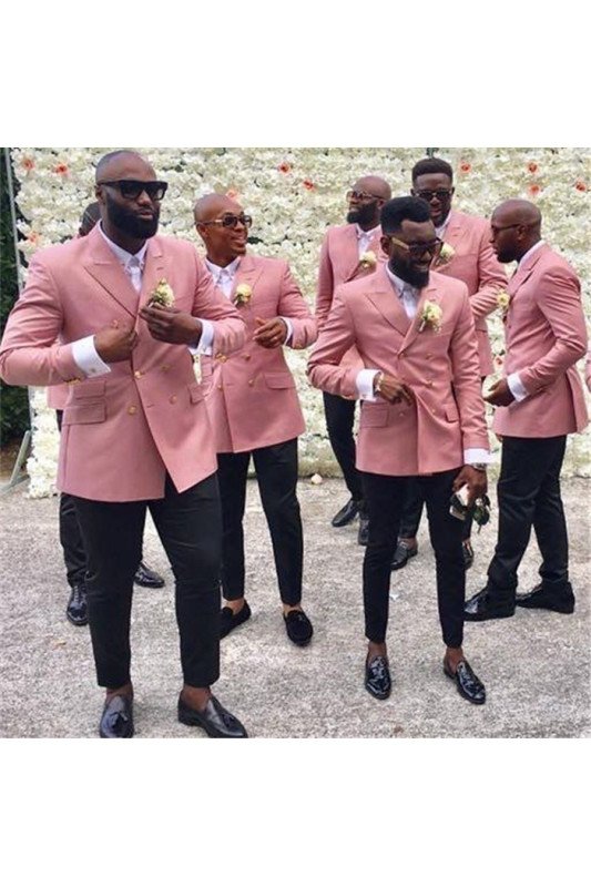 Fashion Pink Double Beasted Peaked Lapel Groomsmen Suits for Wedding