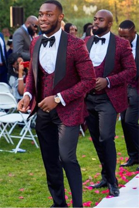 Newest Fashion Red Jacquard Three-Piece Shawl Lapel Wedding Groomsmen Suits