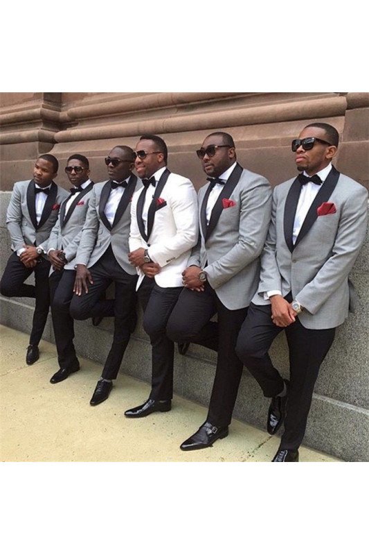 Aaron Gray One Button Best Fitted Wedding Groomsmen Suits with Black Lapel