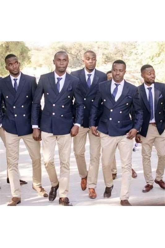 Stylish Dark Blue Double Breasted Peaked Lapel Groomsmen Suits