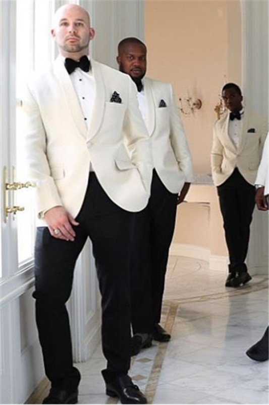 White One Button Slim Fit Shawl Lapel Groomsmen Suits 