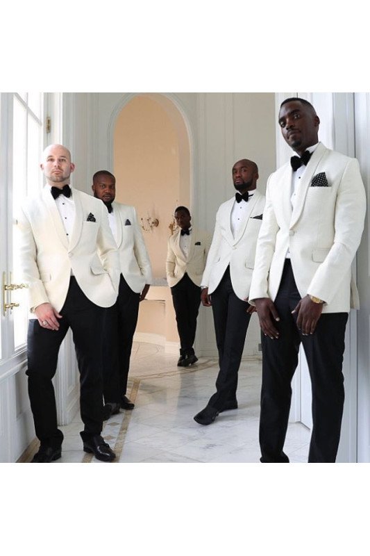 White One Button Slim Fit Shawl Lapel Groomsmen Suits 