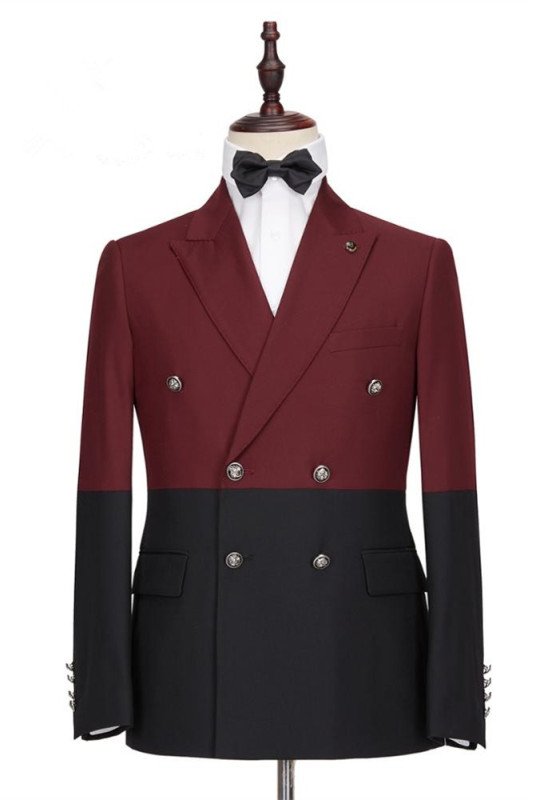 Bespoke Burgundy and Black Double Breasted Peaked Lapel Men Suits for Prom