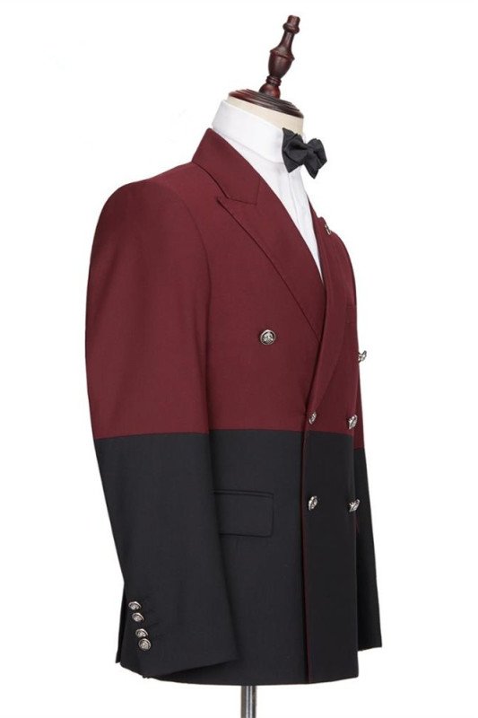 Bespoke Burgundy and Black Double Breasted Peaked Lapel Men Suits for Prom