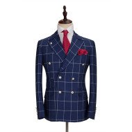 Dark Blue Three Flap Pockets Double Breasted Slim Fit Plaid Men Suit