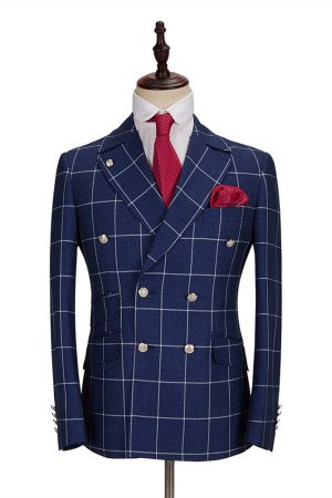 Dark Blue Three Flap Pockets Double Breasted Slim Fit Plaid Men Suit Dark Blue Three Flap Pockets Double Breasted Slim Fit Plaid Men Suit