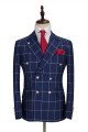 Dark Blue Three Flap Pockets Double Breasted Slim Fit Plaid Men Suit