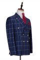 Dark Blue Three Flap Pockets Double Breasted Slim Fit Plaid Men Suit