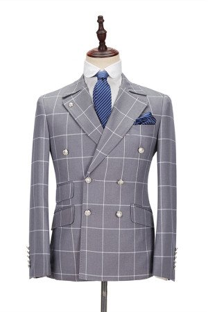Silver Gray Plaid Peak Lapel Double Breasted Men Suits for Prom Silver Gray Plaid Peak Lapel Double Breasted Men Suits for Prom