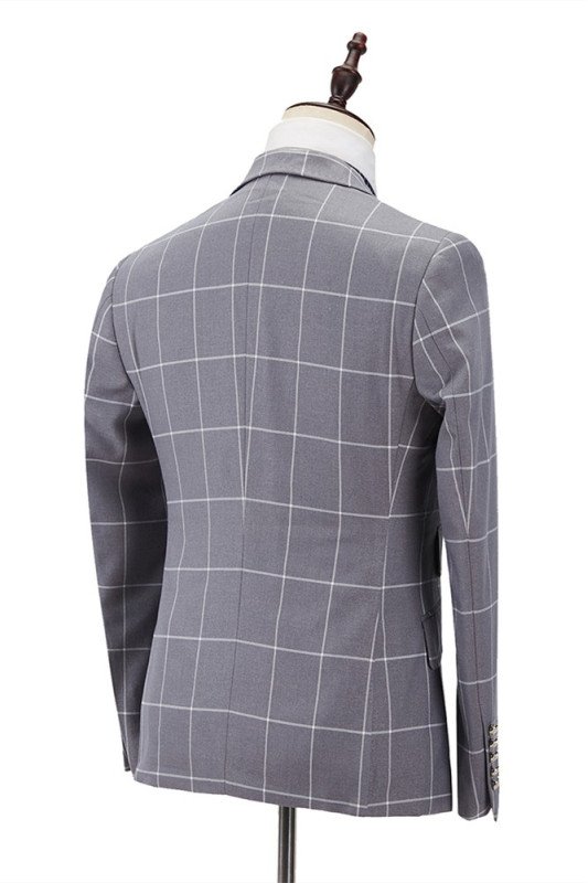 Silver Gray Plaid Peak Lapel Double Breasted Men Suits for Prom