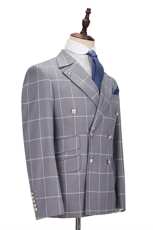 Silver Gray Plaid Peak Lapel Double Breasted Men Suits for Prom