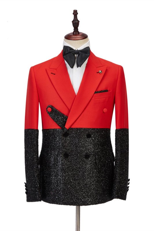 Latest Peak Lapel Bright Red Stitching Fashion Sparkle Black Chic Men Suit