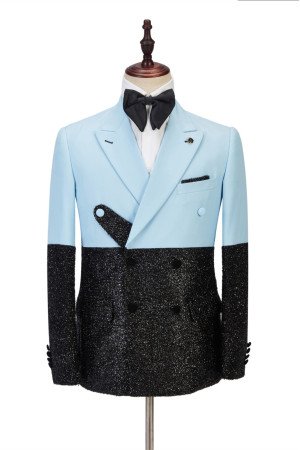 Fashion Sky Blue Stitching Sparkle Black Peak Lapel Two Pieces Men Suits