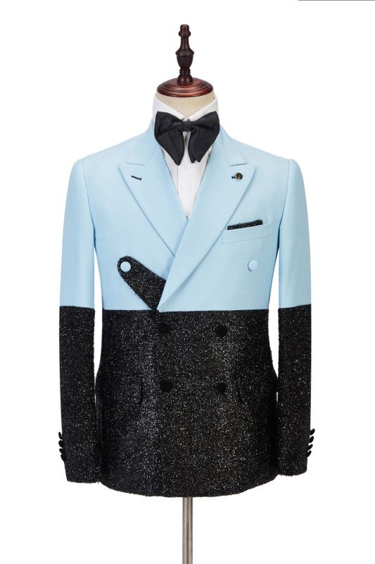 Fashion Sky Blue Stitching Sparkle Black Peak Lapel Two Pieces Men Suits