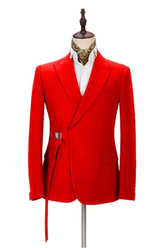 Chic Bright Red Men Formal Suit | Peak Lapel Buckle Button Casual Suit for Men