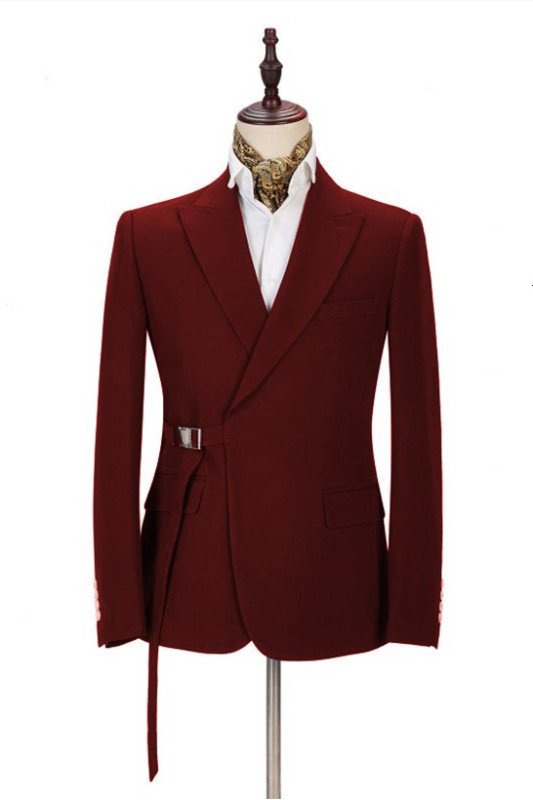 Fashion Peak Lapel Buckle Button Formal Burgundy Two Piece Men Prom Suit