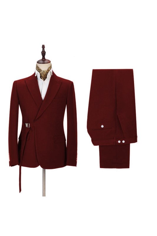 Fashion Peak Lapel Buckle Button Formal Burgundy Two Piece Men Prom Suit